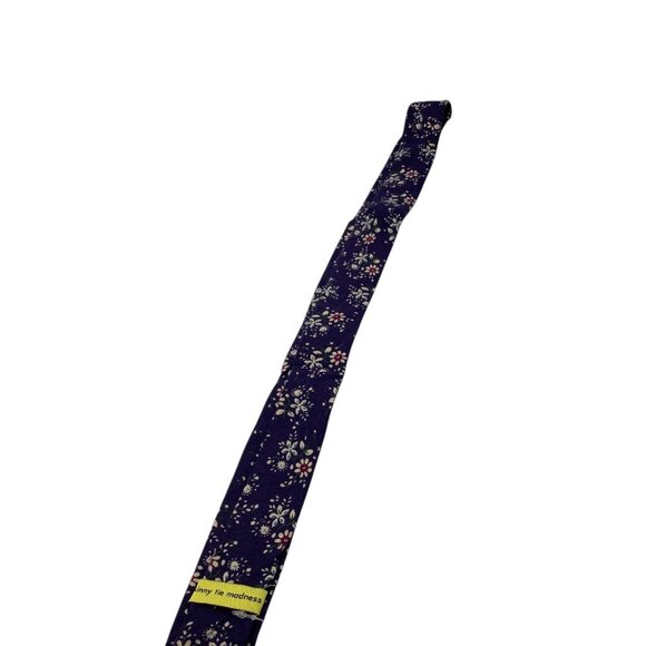 Skinny Tie Madness Mens Floral Blue Cotton Multicolor Skinny Neck Tie Flowers - Picture 11 of 14